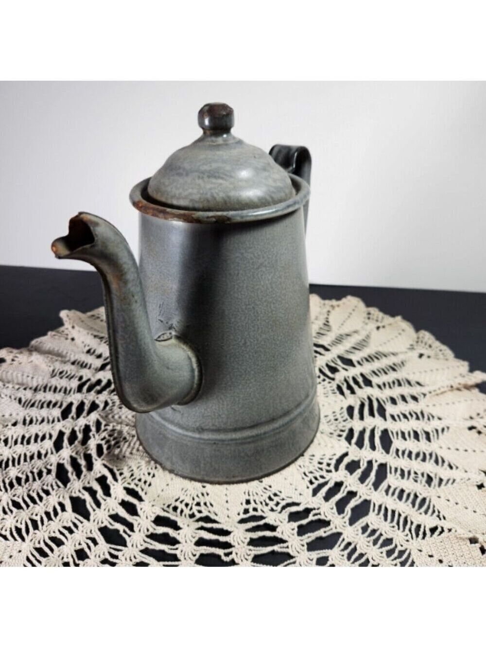 Vintage Graniteware Enamel Coffee Pot Grey Agateware Primitive Farmhouse Decor